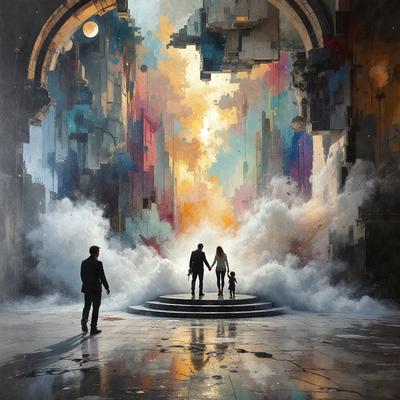 The primary subject of the image is a painting of a man, woman, and child standing together in front of a large, colorful mural. The setting is a cityscape with a large building in the background. The visual style is a painting, and the colors and mood are vibrant and lively.